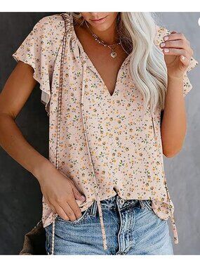 SimpleFun Womens Floral Short Sleeve Blouse Peach Tie Neck Medium